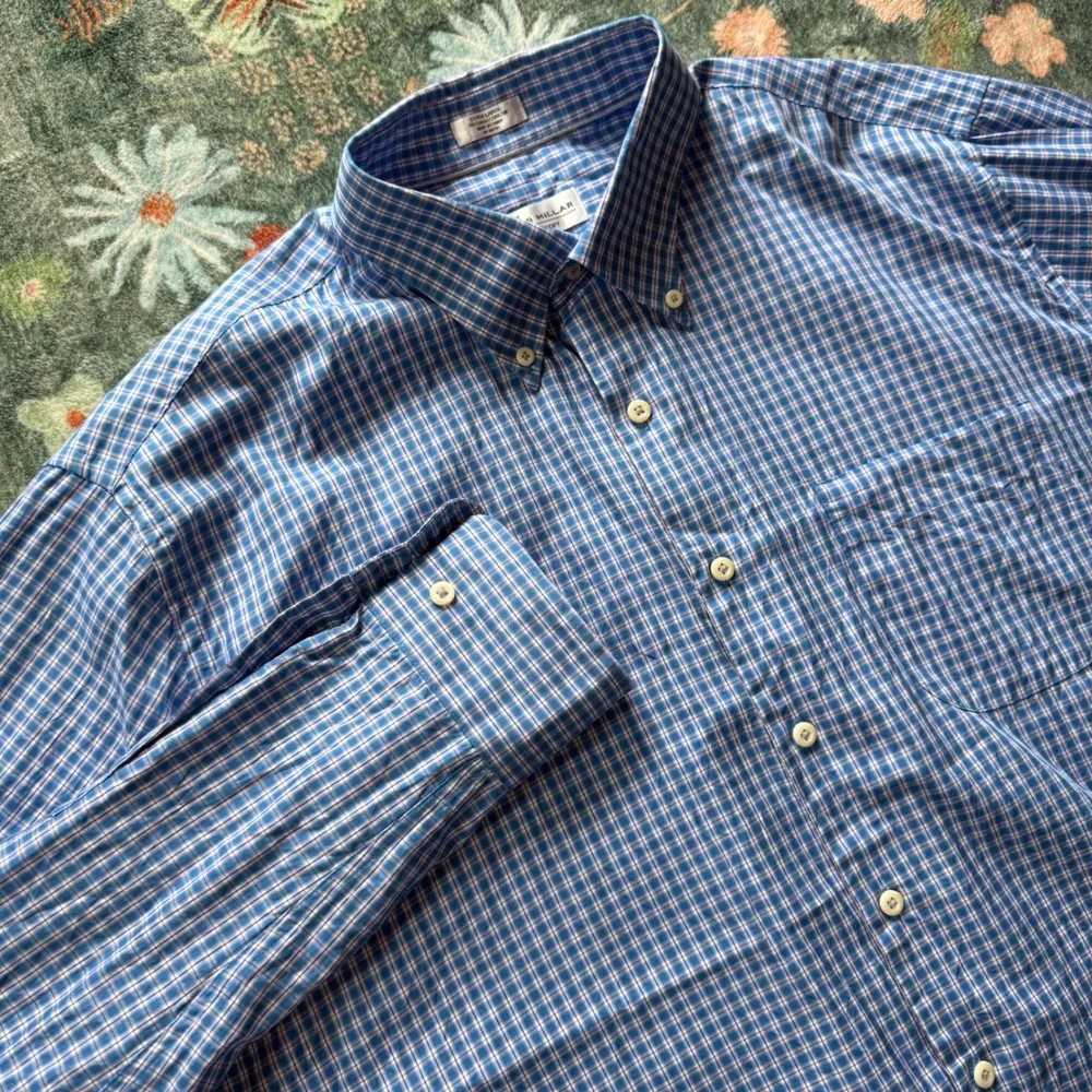 Peter Millar Crown Soft Mens XL Blue Plaid‎ Cotton Silk Button Down Shirt